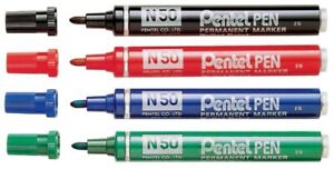 Pentel N50 Permanent Marker - Bullet Tip - PACK OF 4 PENS - Black Red Blue Green