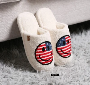 ComfyLuxe American Flag & Happy Face Pattern Embroidered Slippers - Picture 1 of 5
