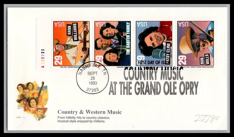 US FDC # 2775-2778a 29c American Music Fleetwood Pane A222222 1993, 9p2888 - Image 1 of 1