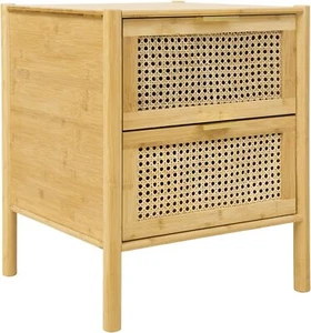 2 Drawer End Side Table Bamboo Accent End Bedside Table for Bedroom Living Room - Picture 1 of 10