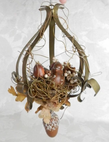 Hanging Bird Decoration Metal Cage Acorn Brown Fall Accents 8" H Cover