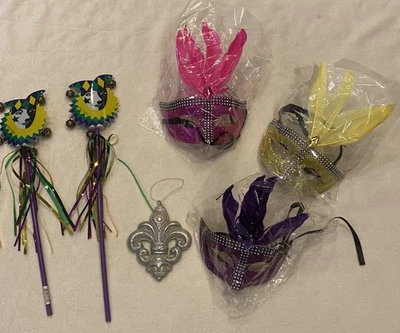 Mardi Gras Masquerade Lot 3 Feathered Beaded Masks (NEW) 2 Parade Noisemakers - Image 1 of 4