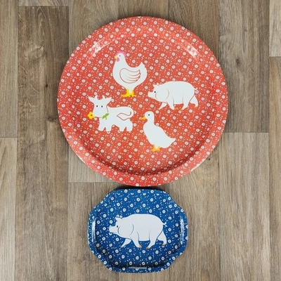 Vintage Farm Animal Metal Tray Set Kitchen Decor Round Red Pig Blue Flower - Image 1 of 4