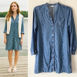 Vestido camisero J JILL cambray estampado de guinga pestaña enrollable costero preppy informal trabajo M - Imagen 1 de 12