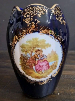 Imperial Limoges Porcelain Cobalt Blue Courting Couple 22K Gold Vase 6” France - image 1 of 4