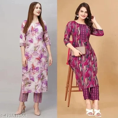 Juego Kurta estampado algodón listo para usar para mujer (combo de 2) Foto 1 de 4
