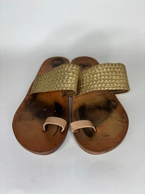 Beek Handmade Sandals Slides Women Size 9 Gold Leather Flats Sole - Image 1 of 4
