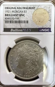 1921 Morgan Silver Dollar Original Bag Fragment Brilliant Uncirculated NGC - Picture 1 of 4