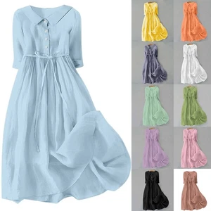 Women's Vintage Cotton Linen Belted Dresses Short Sleeve Button Midi Sun Dress🎀 - Picture 1 of 22