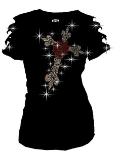 Bling Bling Rhinestone T-Shirt Rose & Fleur & Cross Ripped Cut Out Short S~4XL - Picture 1 of 2