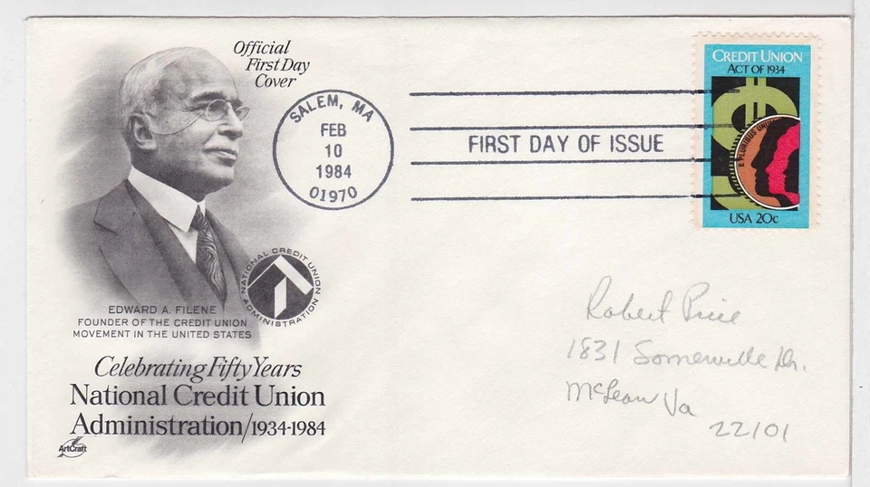 TurtlesTradingPost- Credit Union Act of 1934 - 1984 #2075 Artcraft Cachet FDC - Image 1 of 1