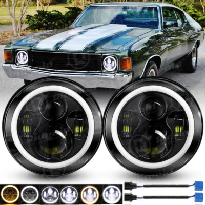 Пара черных круглых светодиодных фар 7 дюймов HI/LO для Chevy Chevelle 1971 1972 1973 - Изображение 1 из 4