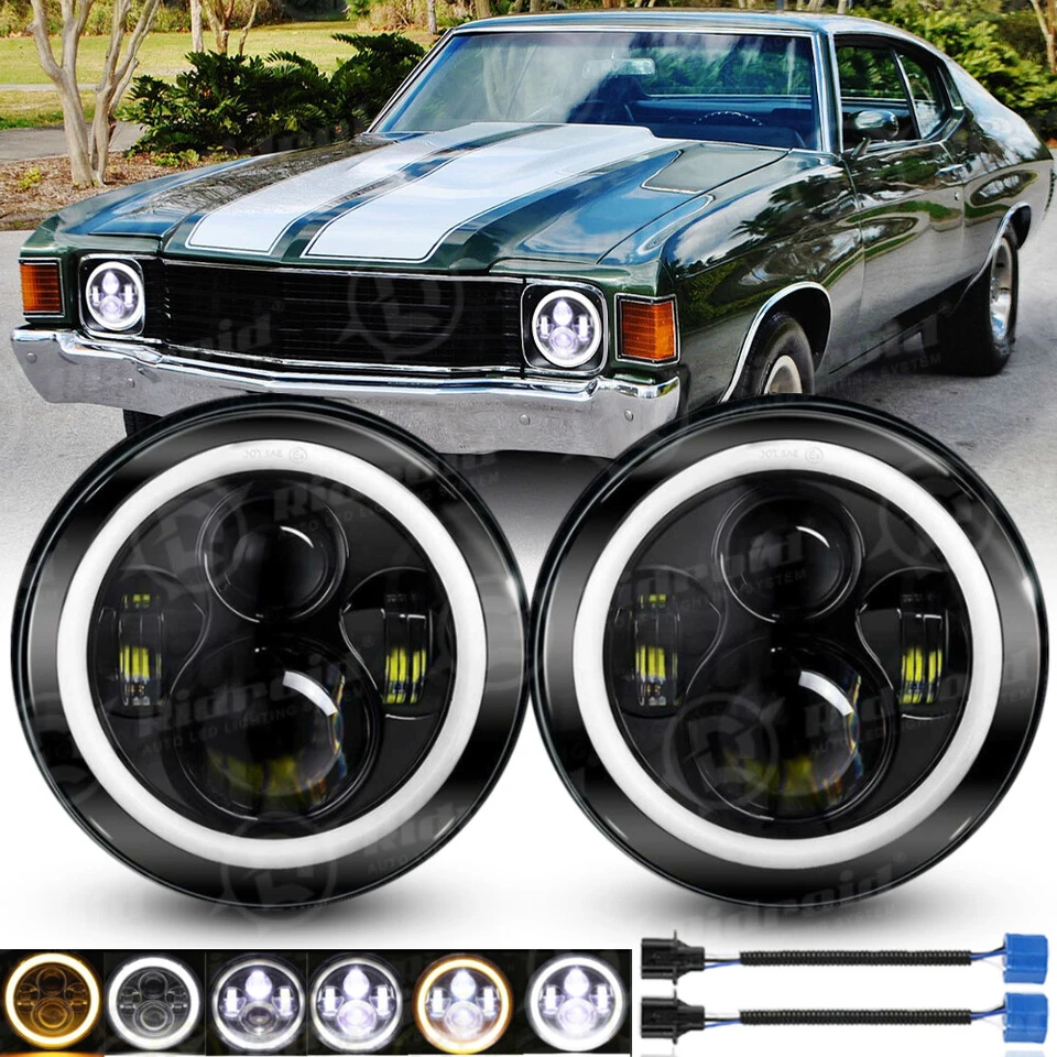 Par de faros LED redondos negros de 7 pulgadas HI/LO para Chevy Chevelle 1971 1972 1973 Foto 1 de 4