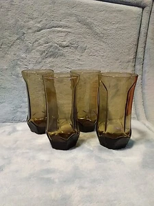 Set Of 4 Libbey Drinking Glasses Smoky Brown Clear Hexagon 5.5" Tall Vintage - Picture 1 of 3