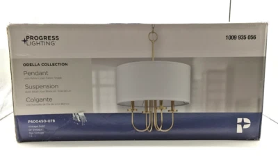 Odella 20 pulgadas Colgante dorado vintage de 4 luces con tono de tela de lino blanco Foto 1 de 4