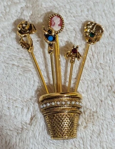 Large Brass Lapel Brooch Pin Upside Down Thimble Charms Circa 1980's 2.50 x 1.75 - Picture 1 of 5