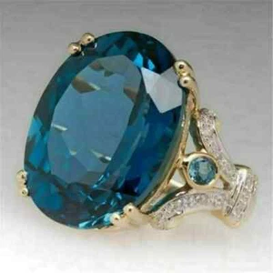 Oval Cut Lab-Created London Blue Topaz Engagement Ring 14K Yellow Gold Plated - Picture 1 of 9