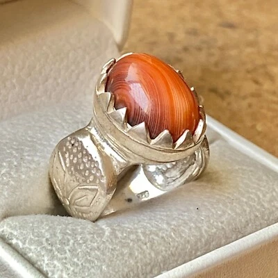 Anillo Aqeeq Natural Plata de Ley 925 Para Hombre Islámico Hecho a Mano Estilo Otomano Foto 1 de 4