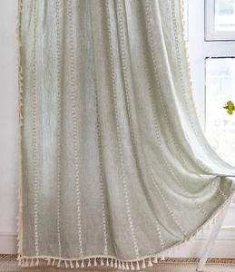 52x84 SAGE GREEN LINEN EMBROIDERED TASSEL CURTAIN PANELS French Country M35 - Picture 1 of 3