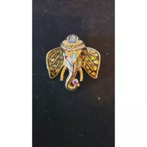 Broche de Colección Elefante Afortunado Disfraz Joyería Pin Tono Oro Estrás Abulón - Imagen 1 de 4