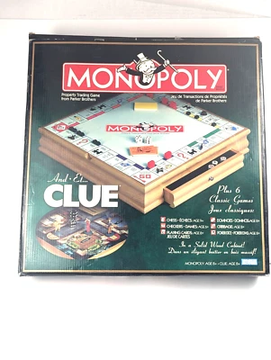 Parker Bros Monopoly & Clue Plus 6 Classic Games Wooden Chest Complete 2004 - Image 1 of 4