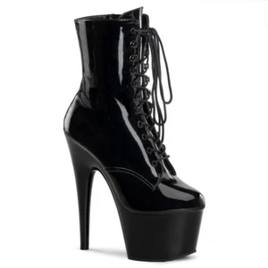 Pleaser Adore-1020 Exotic Dancer Pole Patent Black Lace Up Ankle Platform Boots - Picture 1 of 2