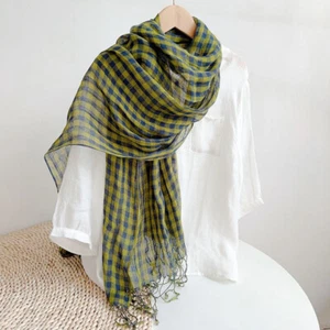 Bufanda de lino 100 % lino para hombre verde a cuadros transpirable unisex estola chal pañuelo para el cuello - Imagen 1 de 5