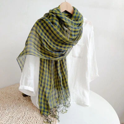 Bufanda de lino 100 % lino para hombre verde a cuadros transpirable unisex estola chal pañuelo para el cuello Foto 1 de 4