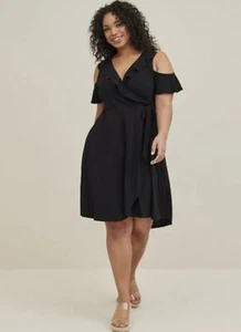 Torrid NWT Mini Studio Knit Cold Shoulder Wrap Dress Black Size 6X Ruffle Pocket - Picture 1 of 5