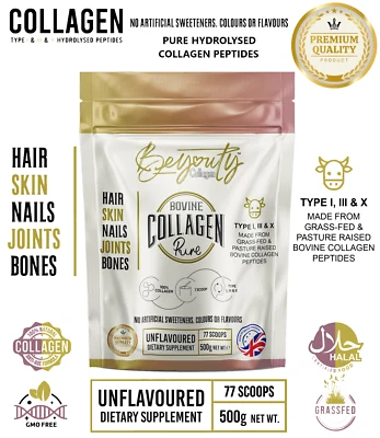 BEYOUTY COLLAGEN Bovine Collagen Powder | Hydrolysed Protein Peptides | 500g | TYPE 1, 3 & X | UK