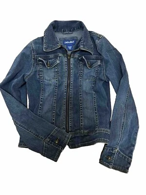 Jaqueta jeans azul limitada muito pequena para meninas tamanho médio com zíper frontal - Imagem 1 de 4