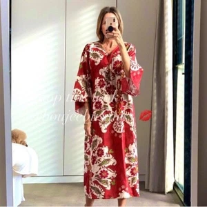 ZARA Burgundy Red Kimono Sleeve Linen Bl Floral Midi Kaftan Dress M L 12 14 16 - Picture 1 of 7