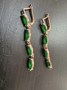 585 14K RG Stamped Green Rain Drop Dangle Stud Earrings - Picture 1 of 10