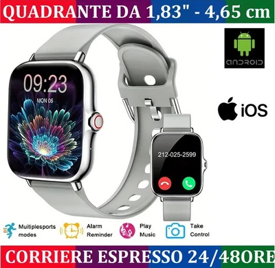 SMARTWATCH GRIGIO SILICONE CHIAMATE ANDROID IOS MESSAGGI CAMERA SPORT 1,83" 4,6c - Immagine 1 di 4