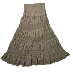 Cute Options Skirt M Maxi India Cotton Tiered Crochet Beige Fairy Grunge Hippie - Picture 1 of 8