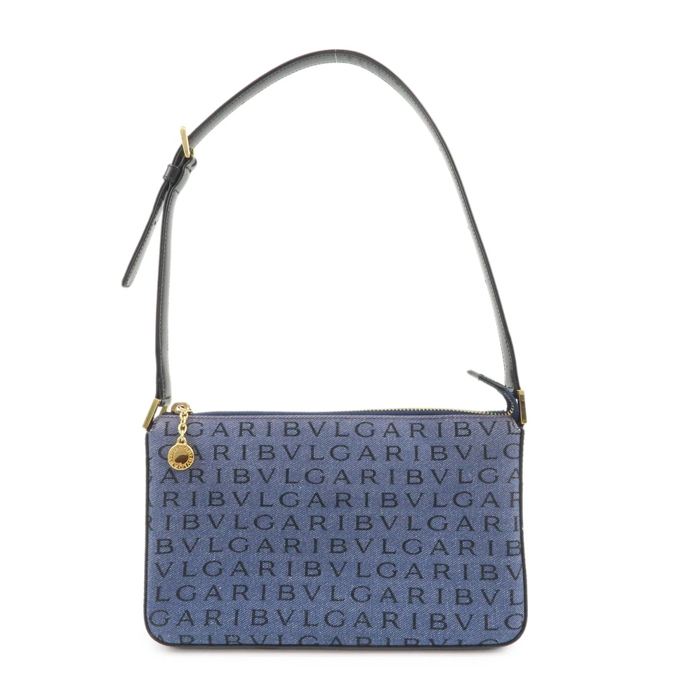 Bolso de Hombro BVLGARI Logo Mania Cuero Lona Bolso de Mano Denim Negro Usado Envío Gratis Foto 1 de 4