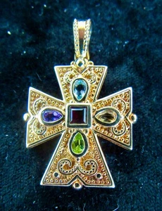 Vintage. Etrusker Sterling/18k Gold Vermeil Multi- Edelstein Kreuz Anhänger/Verstärker - Bild 1 von 8