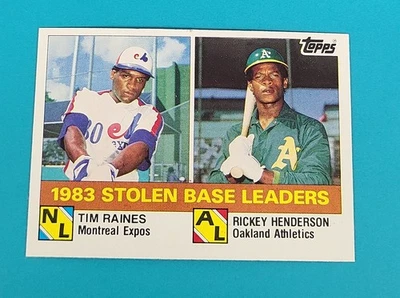 1984 Topps #134 '83 Stolen Base Leaders Tim Raines / Rickey Henderson Card Q3 - Image 1 of 2
