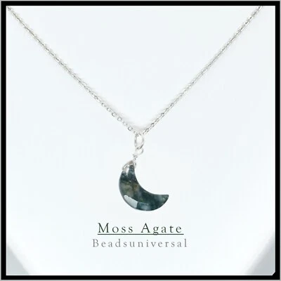 Naturale Moos Agata Mezza Luna Ciondolo lungo Argento Catenina Per Unisex Regalo - Immagine 1 di 4
