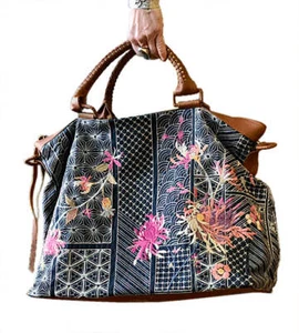 Johnny Was Viviana Denim Weekender Bag Floral Embroidery Handbag Brown Grey NEW - Picture 1 of 5