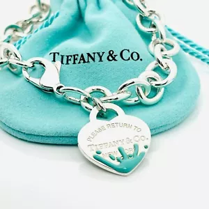 Large 8.5" Return to Tiffany Blue Enamel Color Splash Heart Tag Charm Bracelet - Picture 1 of 6