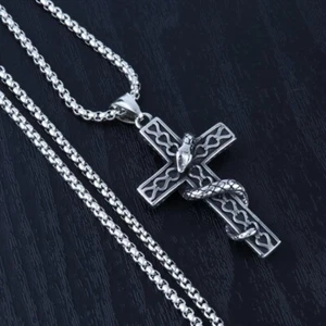 Snake Crucifix Cross Necklace Chain Titanium Silver Pendant Gothic Titanium Gift - Picture 1 of 1