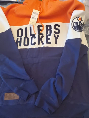 NEW tags Hoodie Oilers Hockey CCM Pro OK'd Athletic Equipment orange beige navy Cover