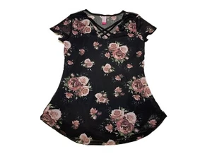 No Boundaries Womens Jumiors Black Floral Cross Short Sleeve Top Medium - Picture 1 of 4
