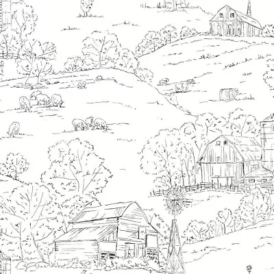 York Wallcoverings FH4031 Pasture Toile Wallpaper Black/White - Image 1 of 4