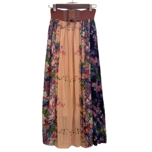 Womens Pink Floral Pleated Maxi Skirt S/M Wide Lace Up Leather Belt Cottagecore - Picture 1 of 15