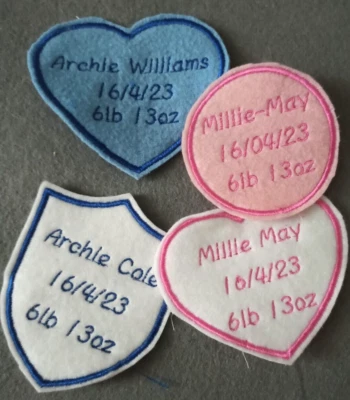 New Baby Personalised Embroidered Felt Patch for Memory Bears & Blankets - Image 1 of 4