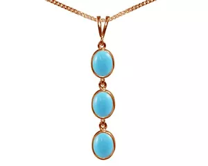 9ct Oro Rosa Turquesa Natural Triple Ovalado Cadena y Colgante Británico Hecho - Imagen 1 de 4