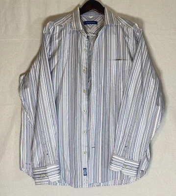 Camisa de vestir Tommy Bahama 100 % seda azul blanco púrpura hawaiano a rayas para hombre L Foto 1 de 4