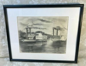 Vtg Pencil Sketch of 2 Paddle Wheelers on Mississippi - Fox 1970 Natchez - Picture 1 of 9